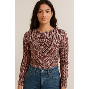 Gilner Farrar Geometric Blouse Large Brown Rushed Front Zip Back Long Sleeves